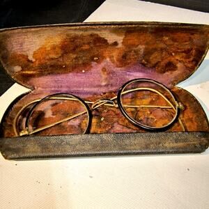 1681.  Antique Round Bifocal Eyeglasses Wire Frame with Case
